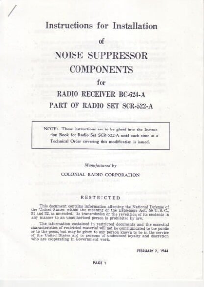 Installation of Noise Suppressor Components for Radio Receiver BC-624-A (12 p.)