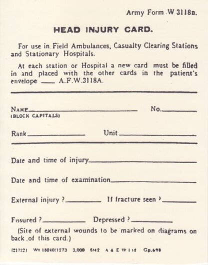 Army Form W 3118b: Head Injury Card (set of 5)