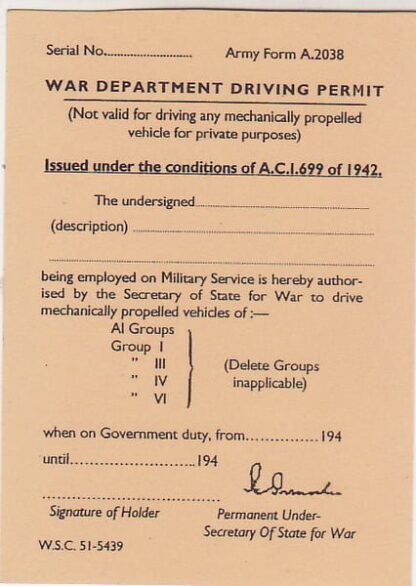 Army Form A 2038: Identification card for mechanical transport drivers; 4/44