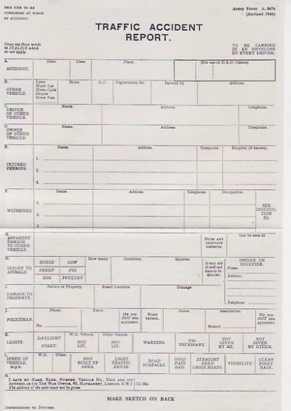 Army Form A 3676: Traffic accidents report; 11/40 (A3); set of 10