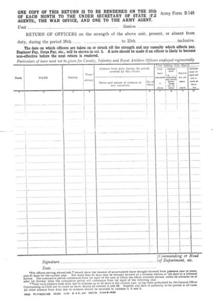 Army Form B 149: Return of officers on strength of unit; 11/39; set of 10