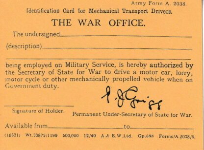 Army Form A 2038: Identification card for mechanical transport drivers; 12/40