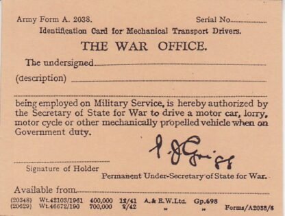 Army Form A 2038: Identification card for mechanical transport drivers; 2/42