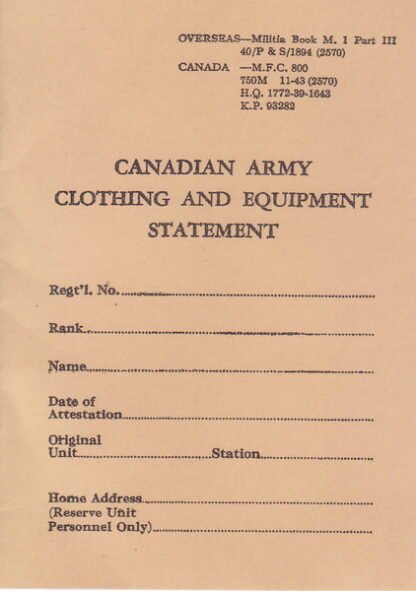 Militia book M. 1 Part III: Canadian Army clothing & equipment statement (12 p.)