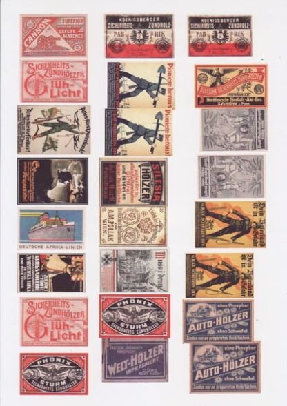 Streichholzer labels (matchbox labels) A4 sheet with app. 20 different examples.