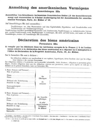 German form: Anmeldung des amerikanischen Vermögens (im besetztem französischen Gebiet))