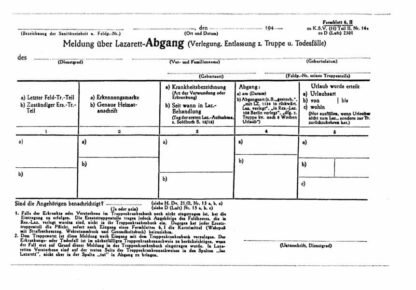 German form: Meldung uber Lazarett-Abgang (set of 10)