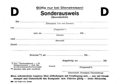 German form: Sonderausweis D (Marschbefehl) (set of 10)