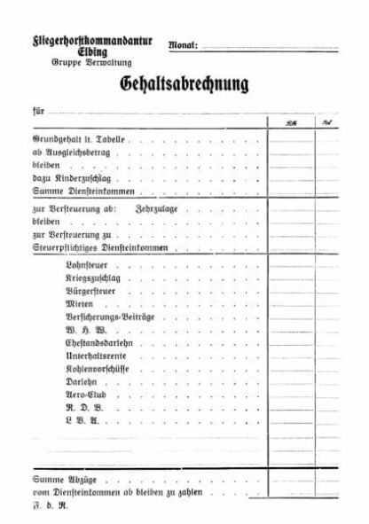 German form: Luftwaffe Gehaltsabrechnung Fliegershorst Elbing (set of 10)