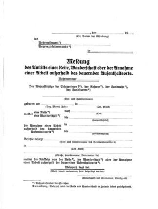 German form: Meldung des Antritts einer Reise usw. (set of 10)